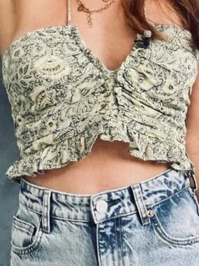 ZARA V-Neck Paisley Print Green Yellow Halter Crop Top Ruffle Hem